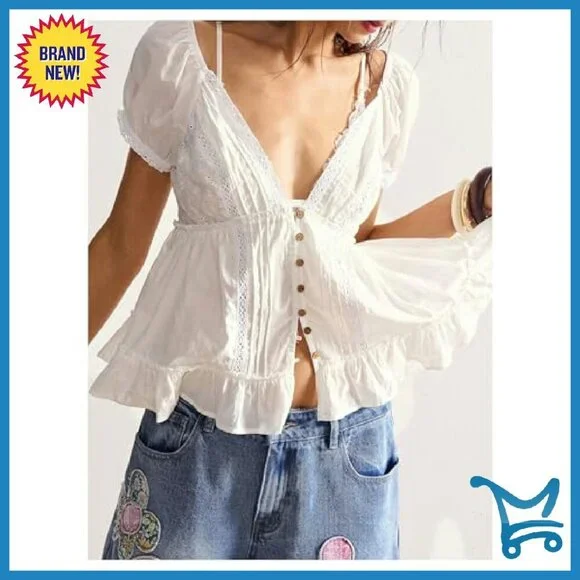 Boho Puff Sleeve Blouse Lace Trim Deep V Neck Button Down Shirt - Picture 5 of 6